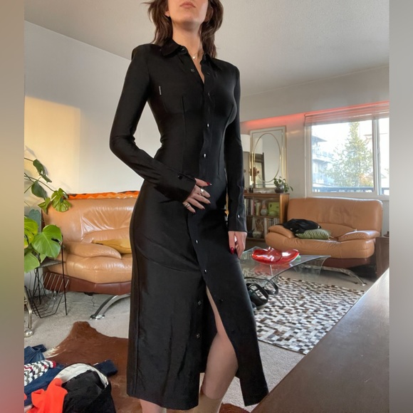 NEW ALEXANDER WANG SHINY BLACK NYLON LONG SLEEVE BUTTON UP MIDI DRESS - Picture 2 of 9
